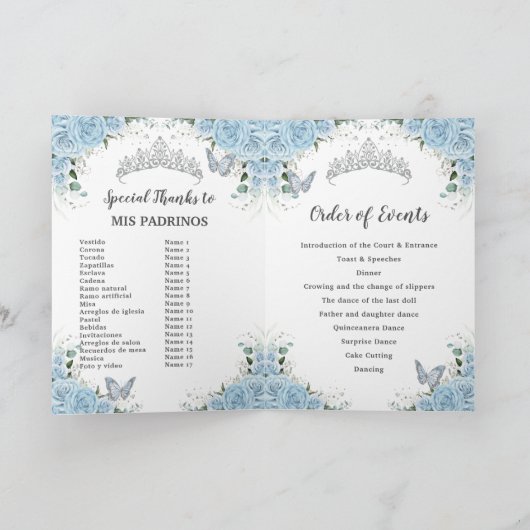 Sky Blue Floral Silver Quinceñera Orden der Ereign Programm (Innenseite)