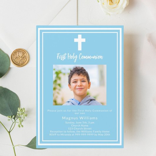 Sky blue Foto boy First Holy Communion Einladung