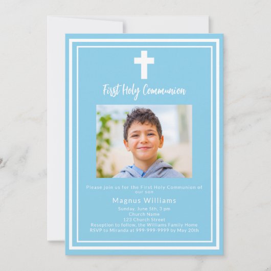 Sky blue Foto boy First Holy Communion Einladung (Vorderseite)
