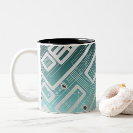 Sky Blue Geometric Circuit Board Zweifarbige Tasse (Mit Donut)