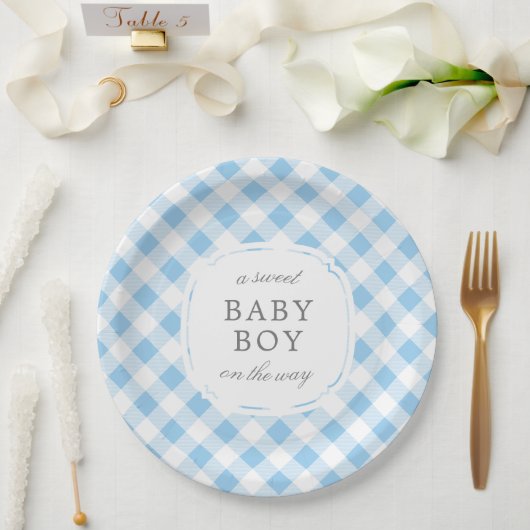 Sky Blue Gingham Kariert Sweet Baby Boy Pappteller (Hochzeit)