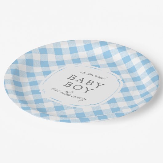 Sky Blue Gingham Kariert Sweet Baby Boy Pappteller (Schrägansicht)