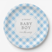 Sky Blue Gingham Kariert Sweet Baby Boy Pappteller (Vorderseite)