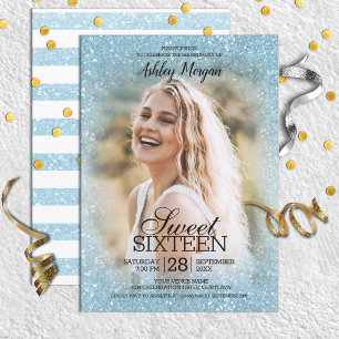 Sky Blue Glitzer Foto Template Sweet 16 Party Einladung