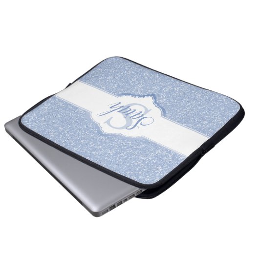Sky Blue Glitzer Monogram Laptopschutzhülle (Vorne Knopf)