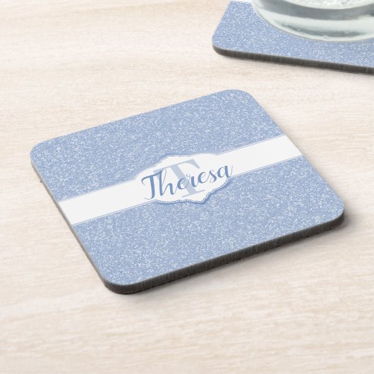 Sky Blue Glitzer Monogram Plastic Untersetzer (Linke Seite)