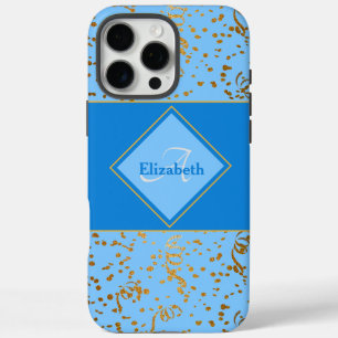 Sky Blue Gold Confetti Monogram Individuelle Name iPhone 16 Pro Max Hülle