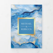 Sky Blue Gold Fluid Ink QR Code Wedding Dreifach Gefaltete Einladung (Cover)
