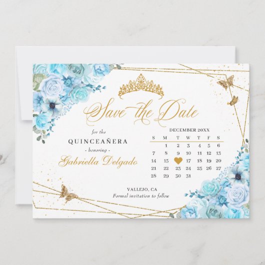 Sky Blue & Gold Quinceñera Save the Date Einladung (Vorderseite)