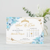 Sky Blue & Gold Quinceñera Save the Date Einladung (Stehend Vorderseite)
