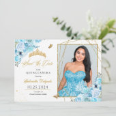 Sky Blue & Gold Quinceñera Save the Date Foto Einladung (Stehend Vorderseite)