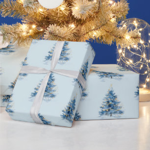 Sky Blue Gold Weihnachtsbaumen Geschenkpapier