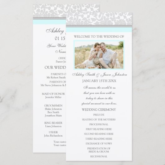 Sky Blue Gray Damask Foto Hochzeitsprogramm Programm (Vorne/Hinten)