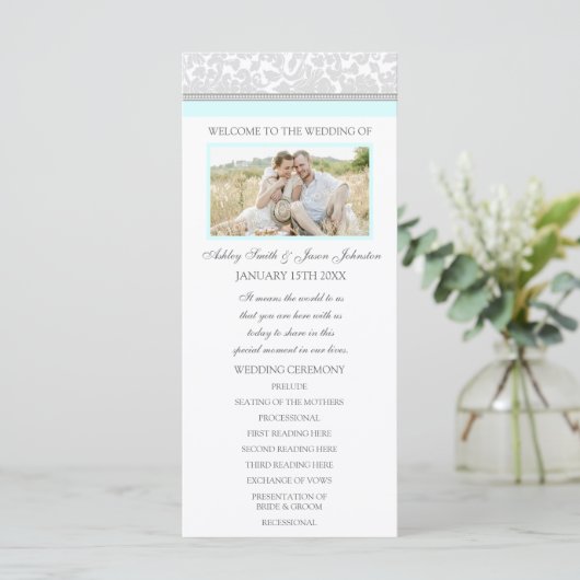 Sky Blue Gray Damask Foto Hochzeitsprogramm Programm (Stehend Vorderseite)