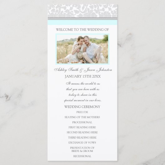 Sky Blue Gray Damask Foto Hochzeitsprogramm Programm (Vorderseite)