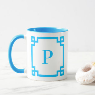 Sky Blue Greece Key Border Monogram Tasse