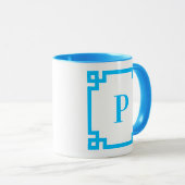 Sky Blue Greece Key Border Monogram Tasse (VorderseiteRechts)