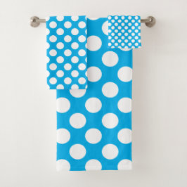 Sky Blue: Grosses weißes Polka Dot Pattern Badhandtuch Set