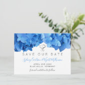 Sky Blue Hydrangea Floral Zwei Herzen Save The Date (Stehend Vorderseite)