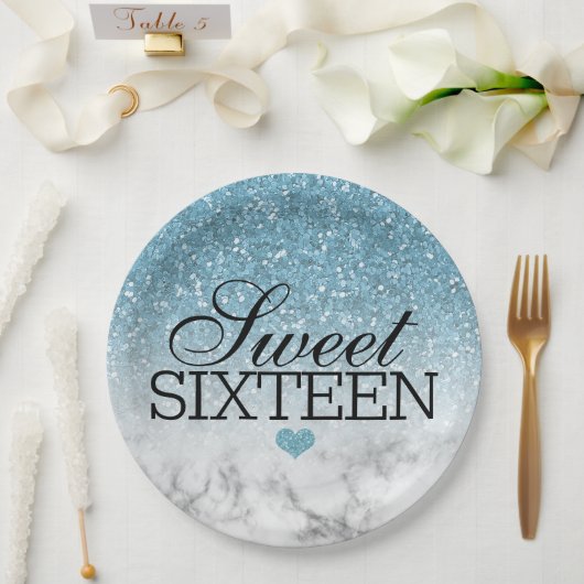 Sky Blue Imitats Glitzer/Marmorsüß 16 Pappteller (Hochzeit)