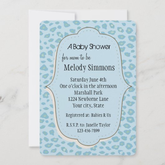 Sky Blue Leopard Print Baby Dusche Einladung (Rückseite)