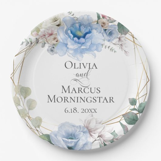 Sky Blue Magnolia und Peony Summer Wedding Pappteller (Vorderseite)