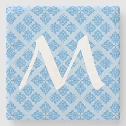 Sky Blue marokkanischer Damask mit Monogram Steinuntersetzer (Vorderseite)