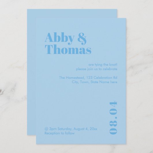Sky Blue Modern Minimalistisch Simple Bold Wedding Einladung (Vorne/Hinten)