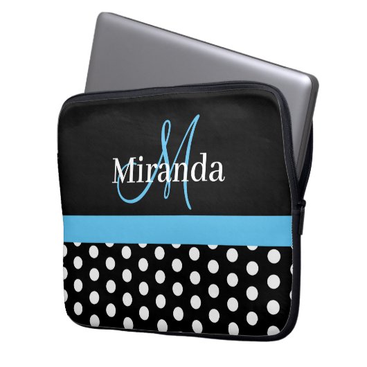 Sky Blue Monogram Schwarz-weiß Polka Dot Laptopschutzhülle (Vorderseite Links)