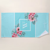 Sky Blue Monogram Watercolor Blume Strandtuch (Vorderseite)