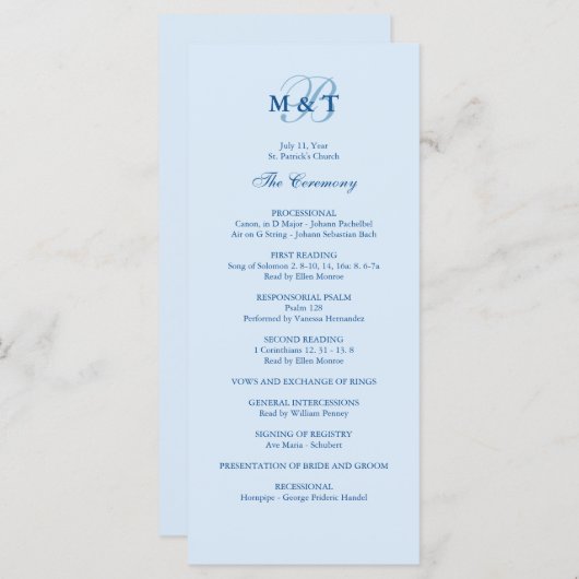 Sky Blue Monogram Wedding Program Programm (Vorne/Hinten)