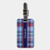 Sky Blue Navy Burgundy Preppy Madras N Monogram Gepäckanhänger (Vorderseite vertikal)