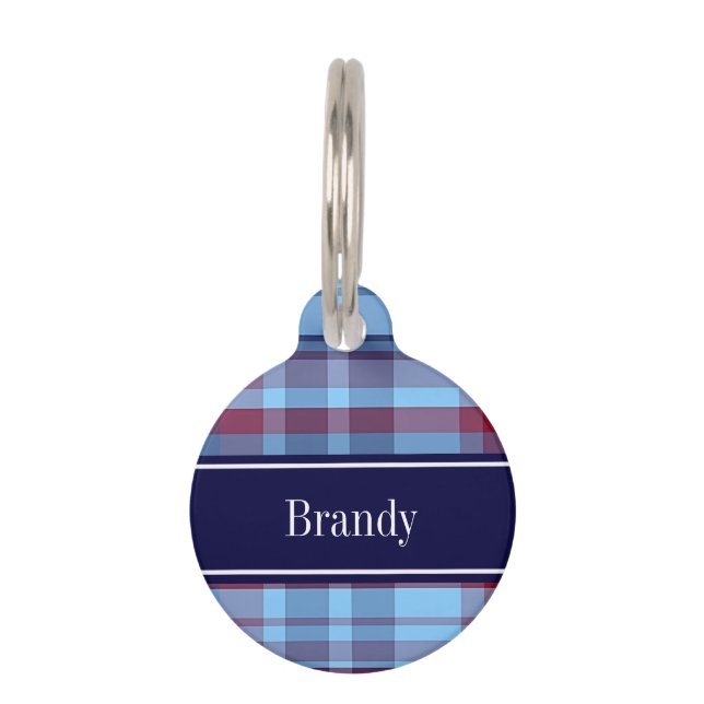 Sky Blue Navy Burgundy Preppy Madras N Monogram Haustiermarke (Vorderseite)