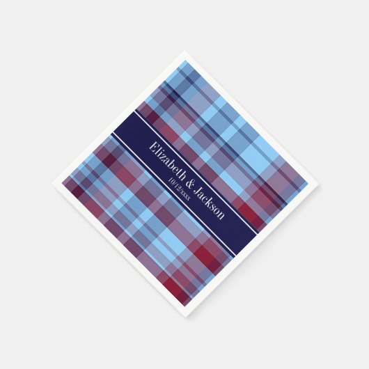 Sky Blue Navy Burgundy Preppy Madras N Monogram Serviette (Ecke)