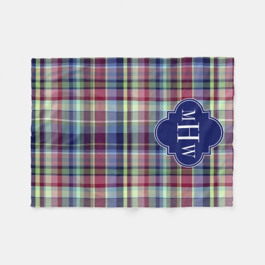 Sky Blue Navy Burgundy Wht Preppy Madras Monogram Fleecedecke (Vorderseite (Horizontal))