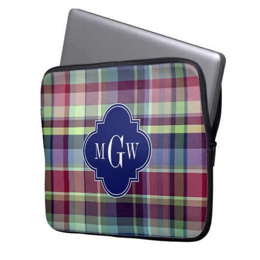 Sky Blue Navy Burgundy Wht Preppy Madras Monogram Laptopschutzhülle (Vorderseite Links)