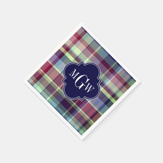 Sky Blue Navy Burgundy Wht Preppy Madras Monogram Serviette (Ecke)