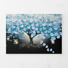 Sky Blue Pastel Heart Leaf Tree Wedding Dreifach Gefaltete Einladung