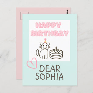 Sky blue&Pink Happy Birthday Cat Postcard Postkarte