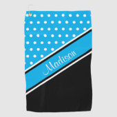 Sky Blue Polka Dot Black Diagonal Script Name Golfhandtuch (Vorderseite)