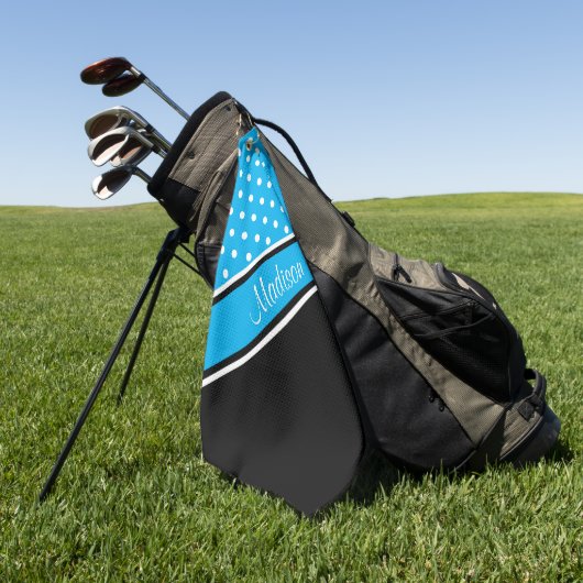 Sky Blue Polka Dot Black Diagonal Script Name Golfhandtuch (Gras)