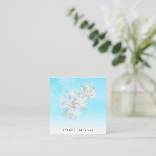 *~* Sky Blue QR Wolken Blume Glitzer Shimmer Quadratische Visitenkarte (Stehend Vorderseite)
