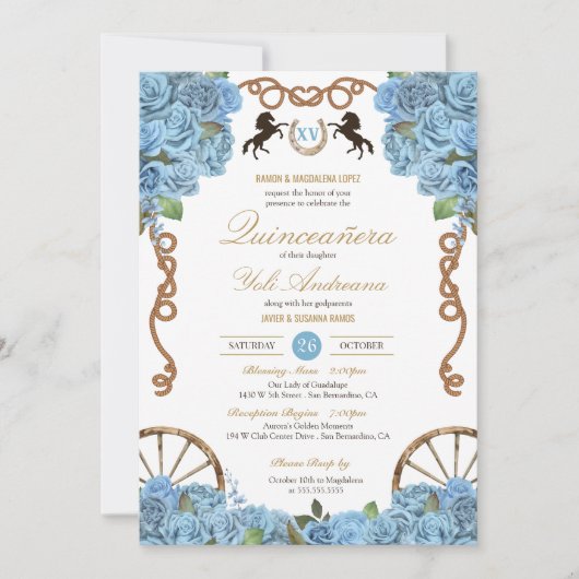Sky Blue Rose Western Ranch Thema Quinceañera Einladung (Vorderseite)