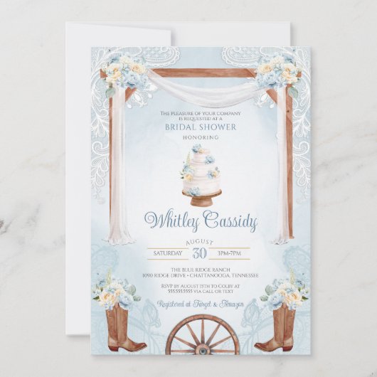 Sky Blue Rustic Country Western Brautparty Einladung (Vorderseite)