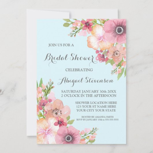 Sky Blue Rustic Pink Blume Brautparty Einladung (Rückseite)