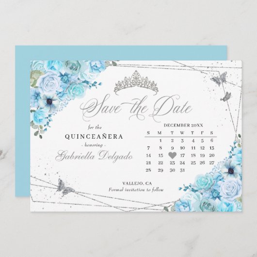 Sky Blue & Silver Quinceñera Save the Date Einladung (Vorne/Hinten)