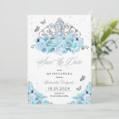 Sky Blue & Silver Tiara Save the Date Quinceañera Einladung (Stehend Vorderseite)