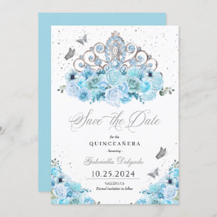 Sky Blue & Silver Tiara Save the Date Quinceañera Einladung
