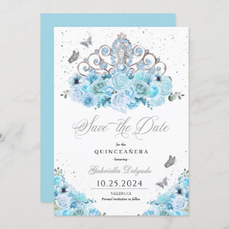 Sky Blue & Silver Tiara Save the Date Quinceañera Einladung