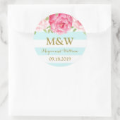 Sky Blue Stripes Floral Monogram Gastgeschenk Hoch Runder Aufkleber (Tasche)